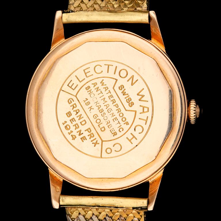 ARMBANDSUR, med stelt armband 18k guld, Election Watch Company, Grand Prix Election 1914. 1940-tal. Tot vikt 77g.