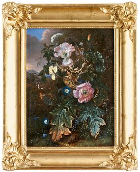 335. Matthias Withoos, Skogsstilleben med plantor, blommor, fjäril och skogsmus.
