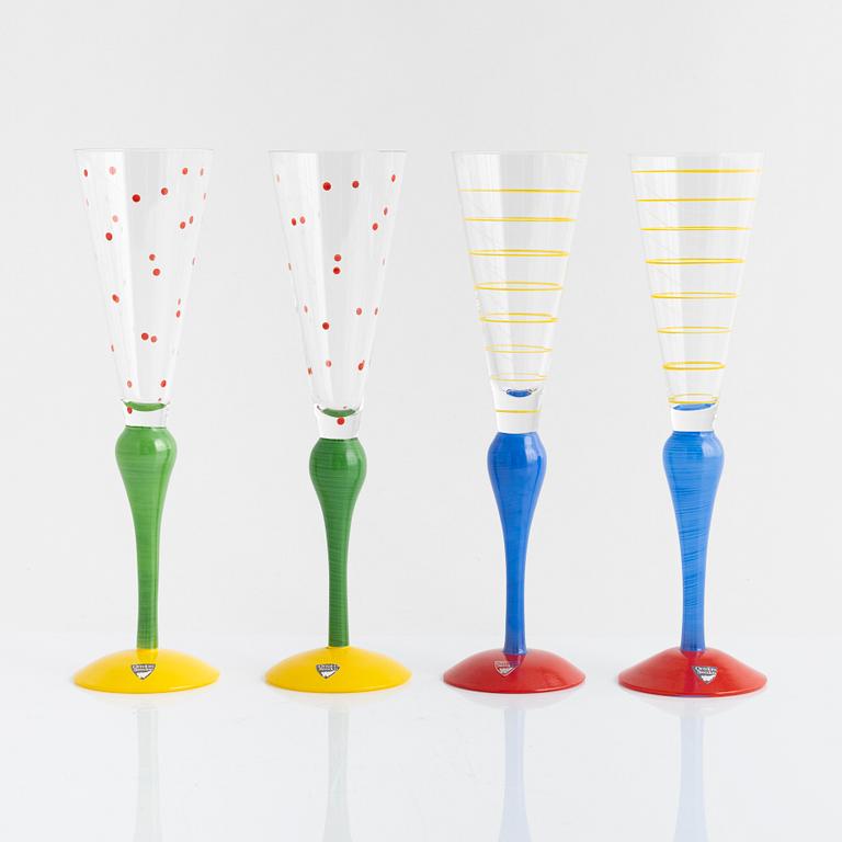 Anne Nilsson, four 'Clown' champagne glasses, Orrefors, Sweden.