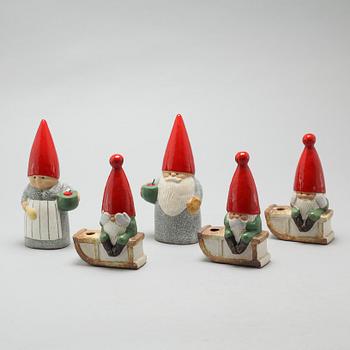 Five candle holders by Lisa Larson, stoneware, Gustavsberg, K-Studio, end 19th century.