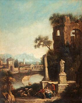323. Giovanni Battista Cimaroli Circle of, Landscape with ruins and figure.
