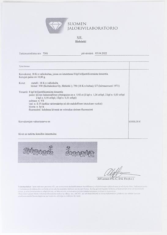 Örhängen, 18K vitguld, med briljantslipade diamanter totalt ca. 5.92 ct. Westerback, Helsingfors 1973.