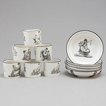 Six soft paste cups with saucers, early 19th century.