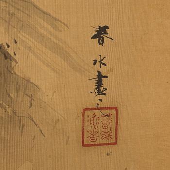 OIDENTIFIERAD KONSTNÄR, tusch och färg på textil lagt på papper. Japan, tidigt 1900-tal.