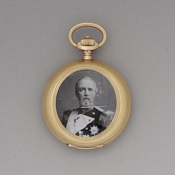 An early 20th century 18ct gold pocket watch, with the portrait of King Oscar II.