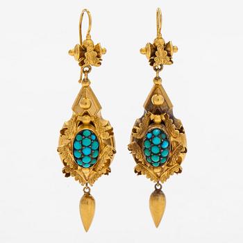 Earrings, 18K gold, cabochon-cut turquoises, mid-19th century.