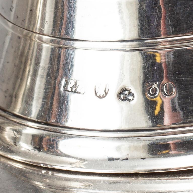 A Swedish 18th century silver writing-set, mark of Gustaf Åkerman, Stockholm 1824. Table bell marked PZ, Sthlm 1796.