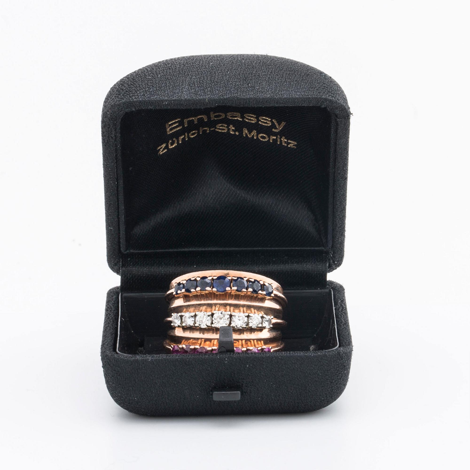 RING 14K gold w brilliant-cut diamonds approx 0,50 ct, sapphires and rubies.