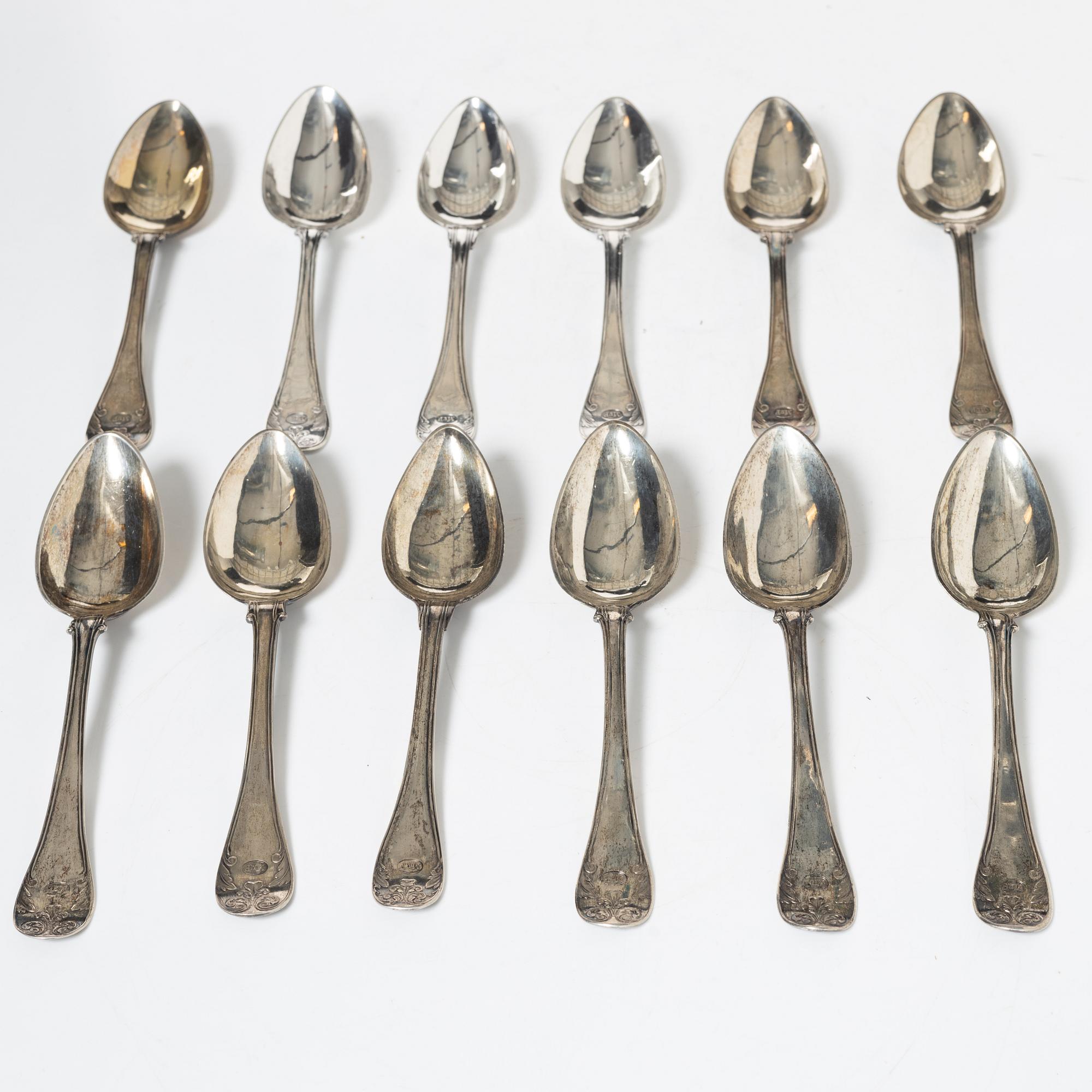 A set of twelve Swedish silver spoons, including Adolf Zethelius, Stockholm 1826.