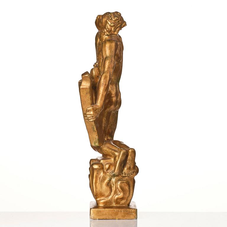 John Lundqvist, a gilded plaster sculpture of a lyre player, dated 1928.