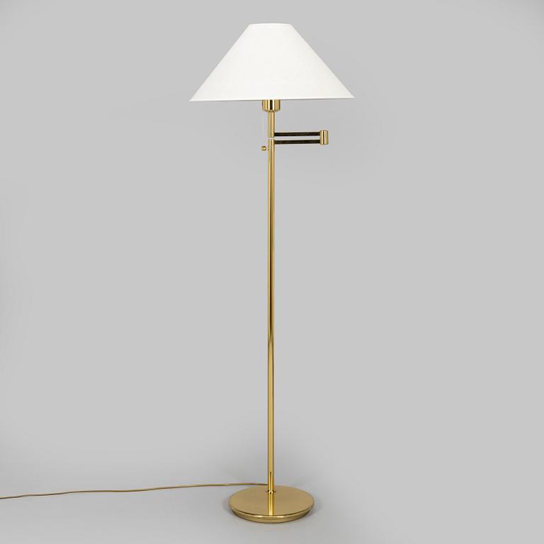 A 1970s/80s brass floor lamp, wall lamp and table lamp.