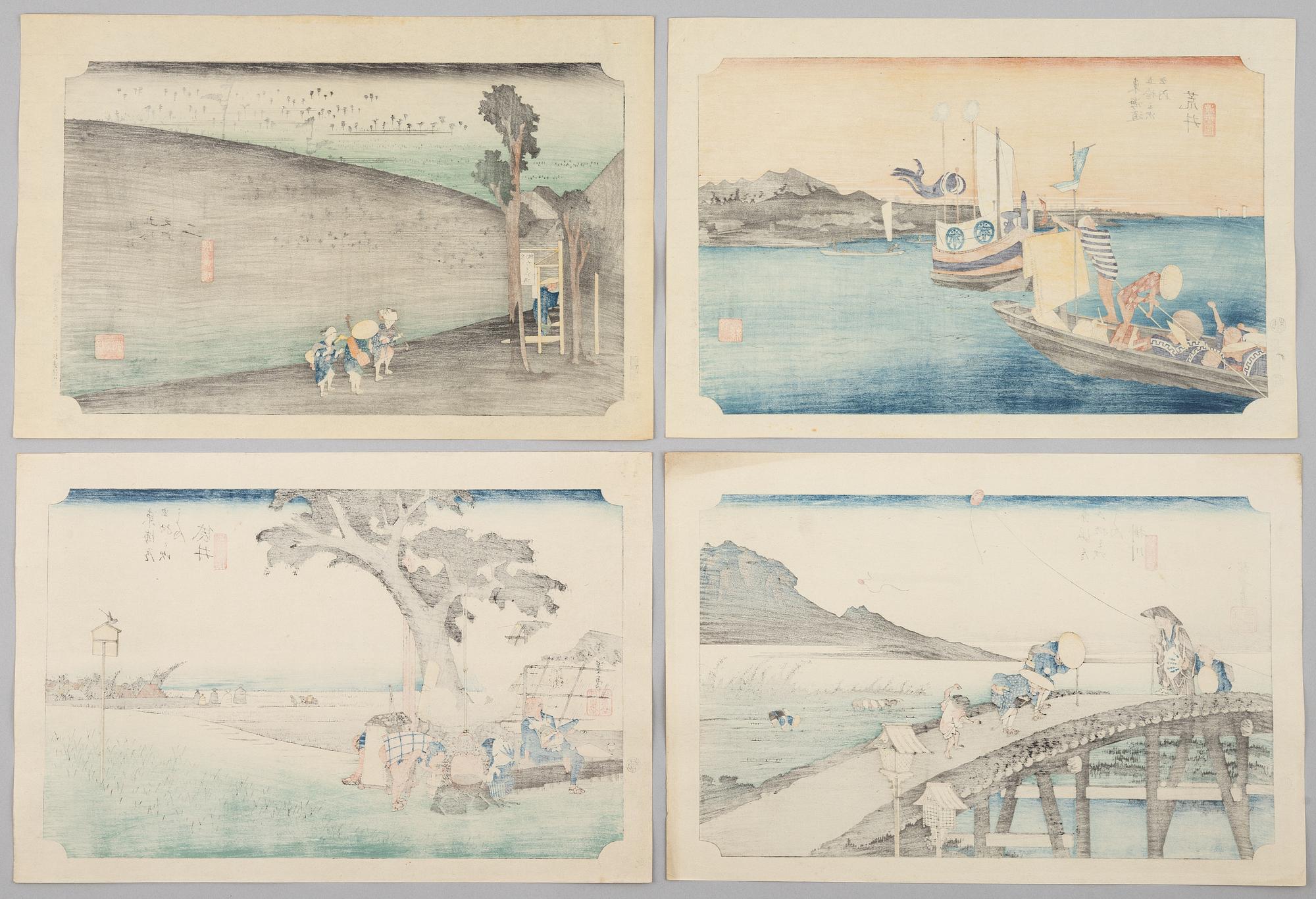 Ando Utagawa Hiroshige, after, four prints from "The Fifty-Three Stations of the Tōkaidō", 20th century.