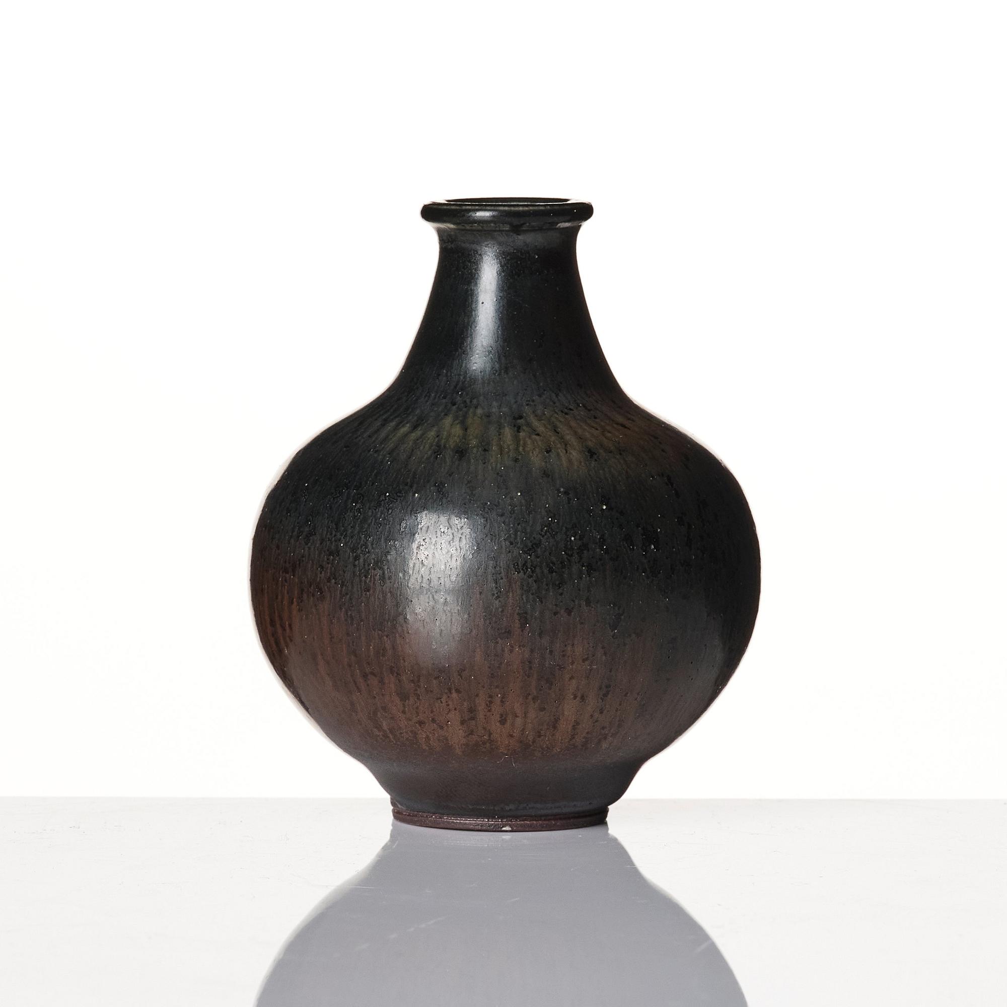 Berndt Friberg, a set of two stoneware vases and a bowl with rabbit's fur glazes, Gustavsberg Studio, Sweden, dated 1944-45, 1956, 1958.