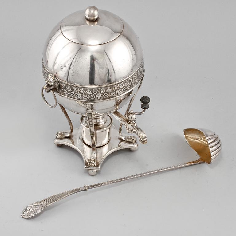 SAMOVAR, SLEV, samt FAT, WMF, vitmetall, omkring 1900.