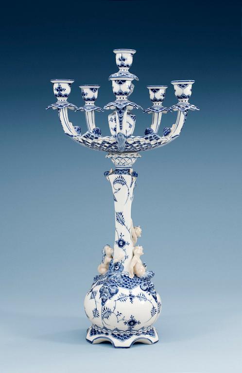 A Royal Copenhagen 'Musselmaalet' six light candelabra, 20th Century, model 1006.