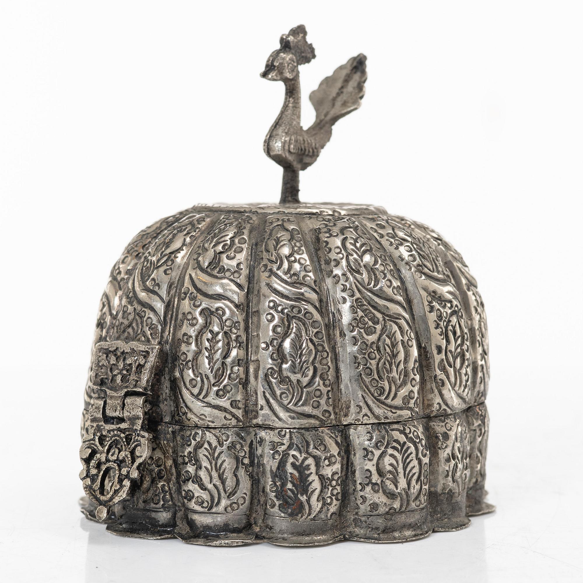 A silver on metal Mughal style box, India, circa 1900.