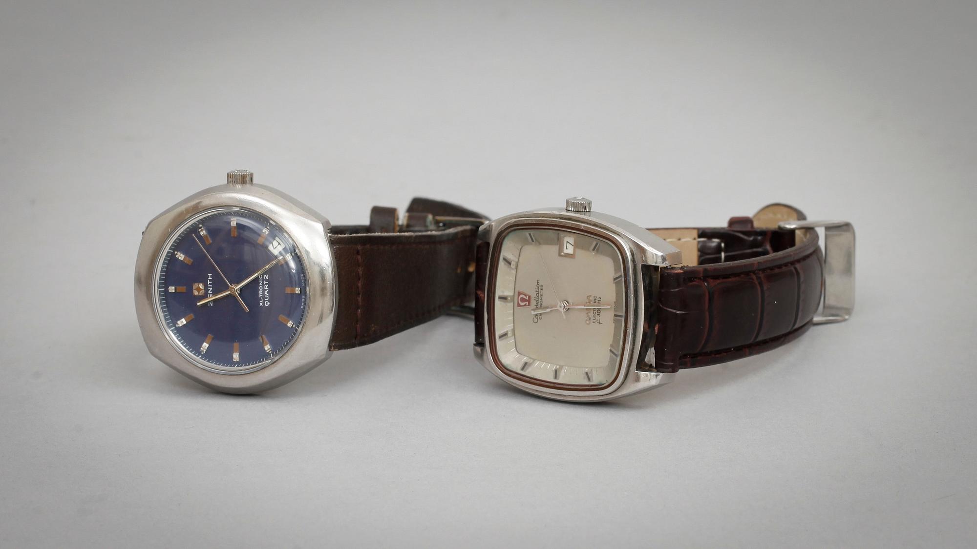 HERRARMBANDSUR, 2 st, Zenith XL-Tronic och Omega Constellation, 1970-tal.
