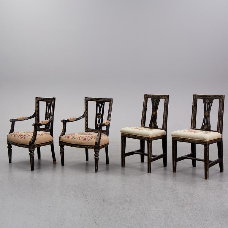 A pair of gustavian armchairs and a pair of gustavian chairs, ca 1800.