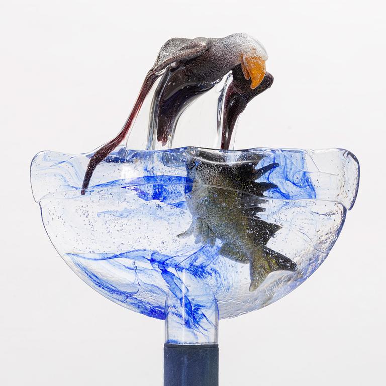 Kjell Engman, glass sculpture, seagull and fish in waves, Kosta Boda.