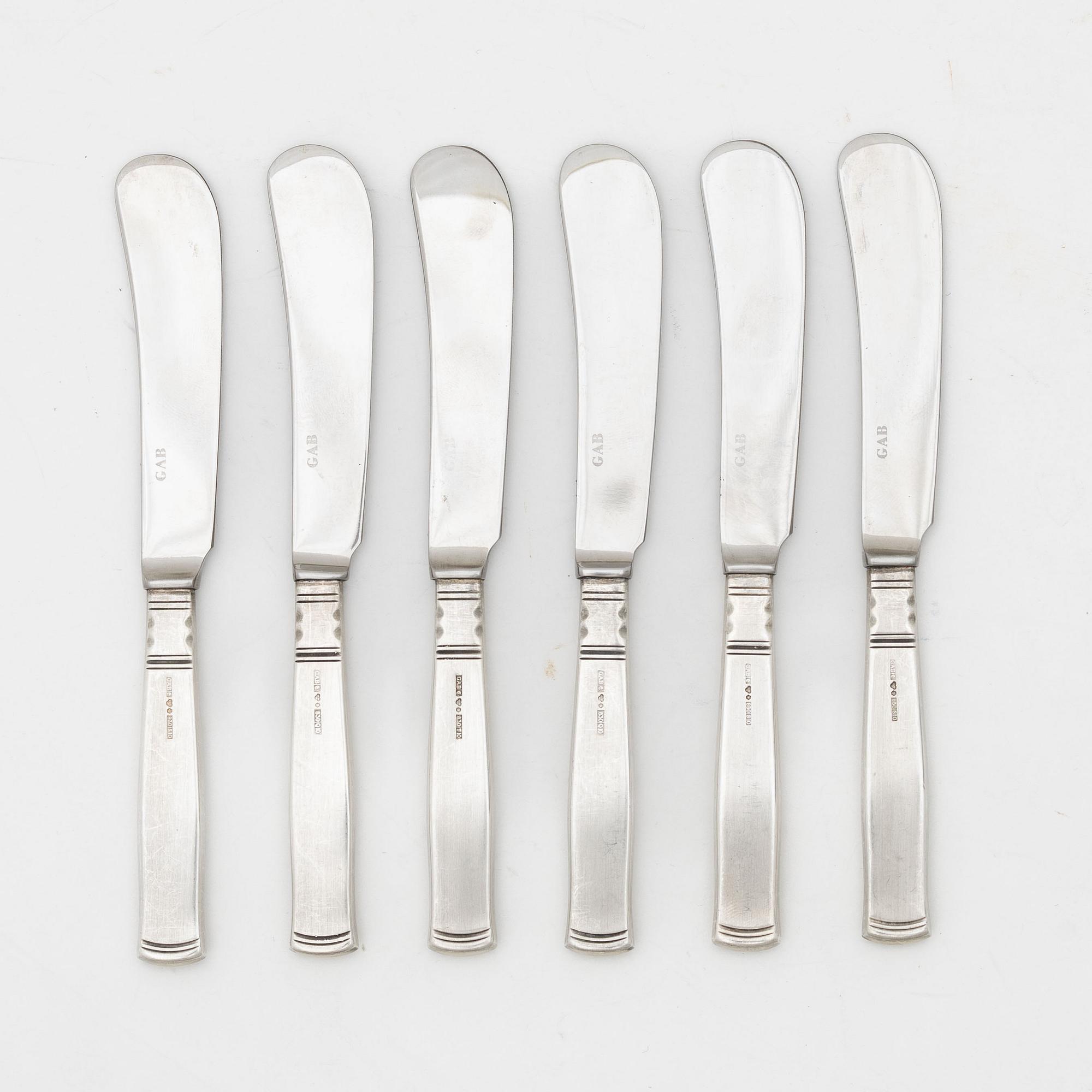 Jacob Ängman, smörknivar, 6 st, silver, "Rosenholm", GAB, Eskilstuna 1990-93.