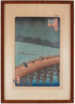 977. Utagawa Hiroshige I, Utagawa Hiroshige I (Japan) 1797-1858, färgträsnitt, Sudden Shower over Shin-Ōhashi Bridge and Atake.