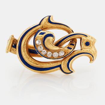 An 18K gold G Möllenborg brooch with blue enamel and  set with old-cut diamonds.