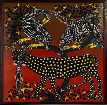 Abdallahaman Hassani, style of Tingatinga painting, Leopard and birds.