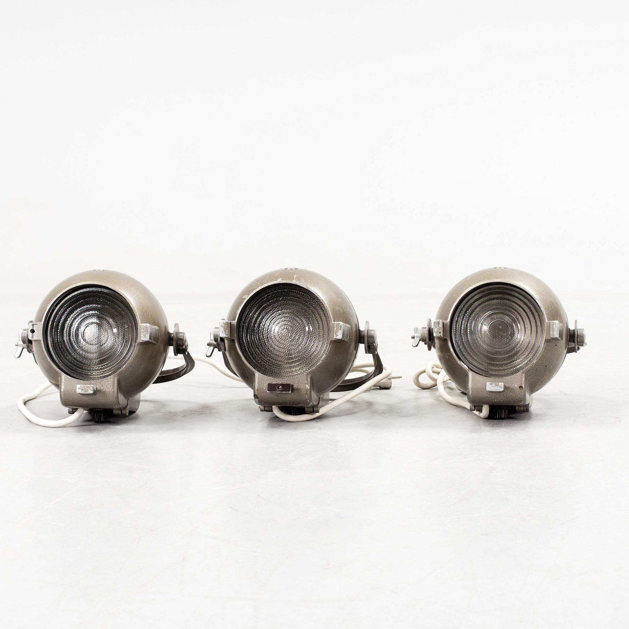 A lot of three 1950s "Patt 123 Fresnel" flood lights from Strand Electric, England.