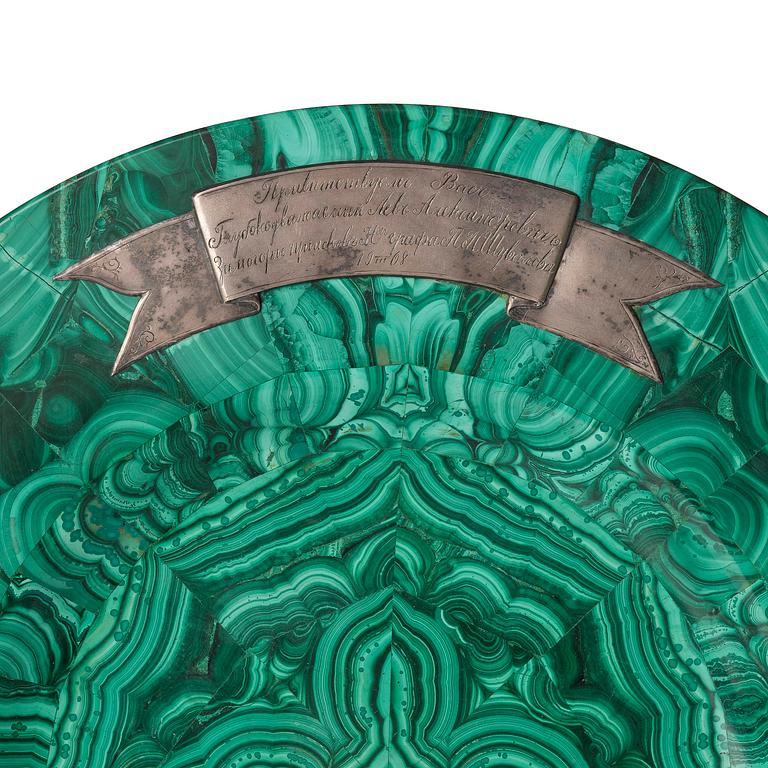 A Russian Nicholas II malachite-veneered dish, presumably Yekaterineburg Imperial Lapidary, circa 1900.