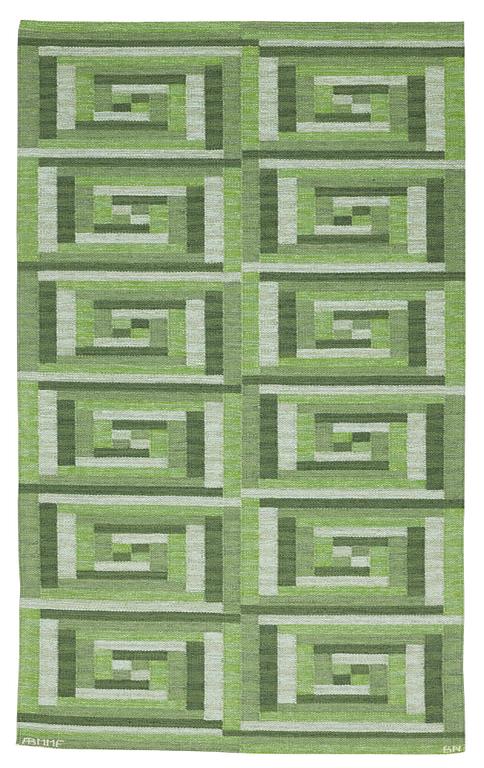 Barbro Nilsson, A CARPET, "Ostia grön", flat weave, ca 234,5 x 141,5 cm, signed AB MMF BN.