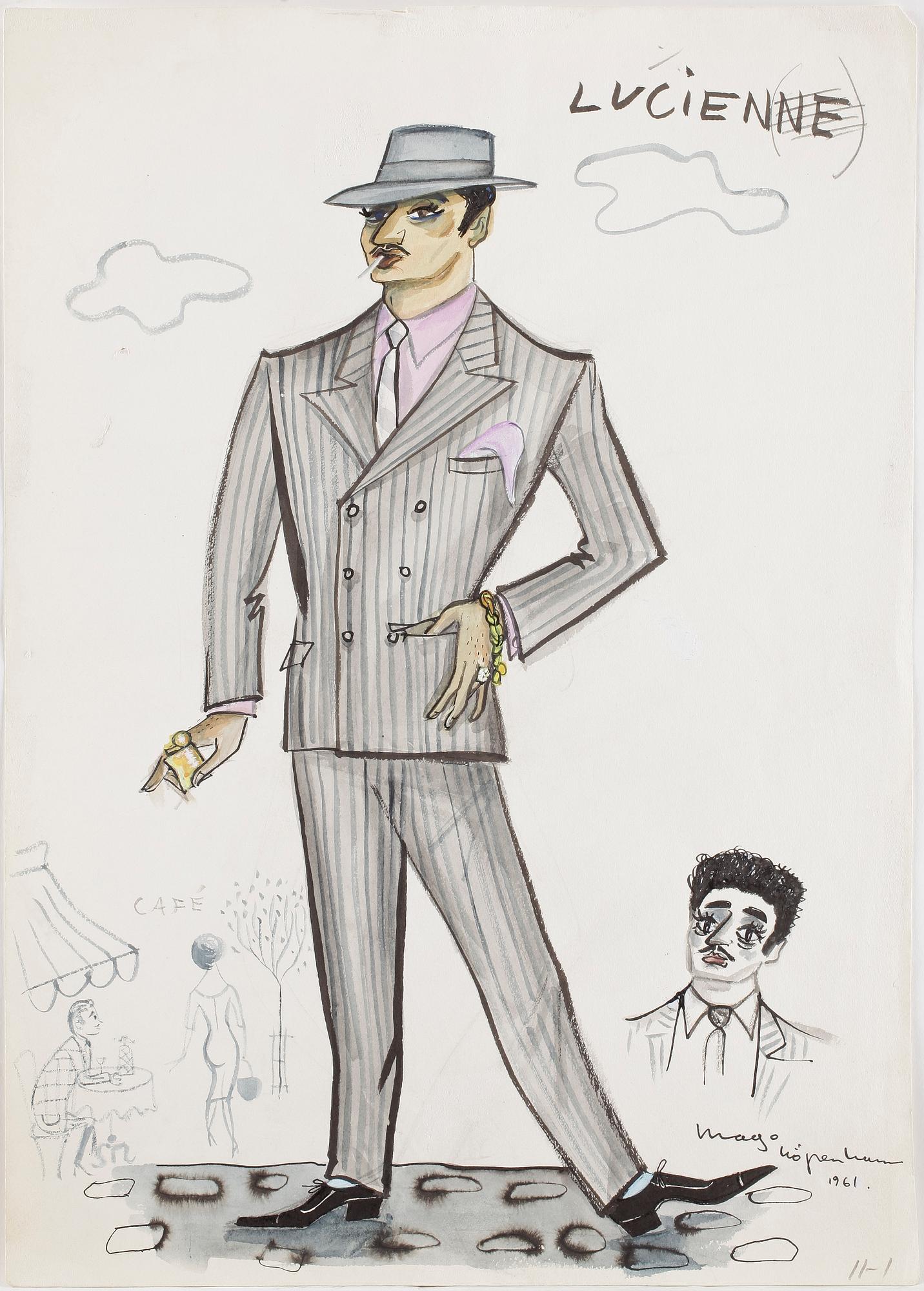 MAX GOLDSTEIN (MAGO), dräktskisser, teckningar, blyertsskisser, ca 34 st, vissa daterade o signerade, 1966.