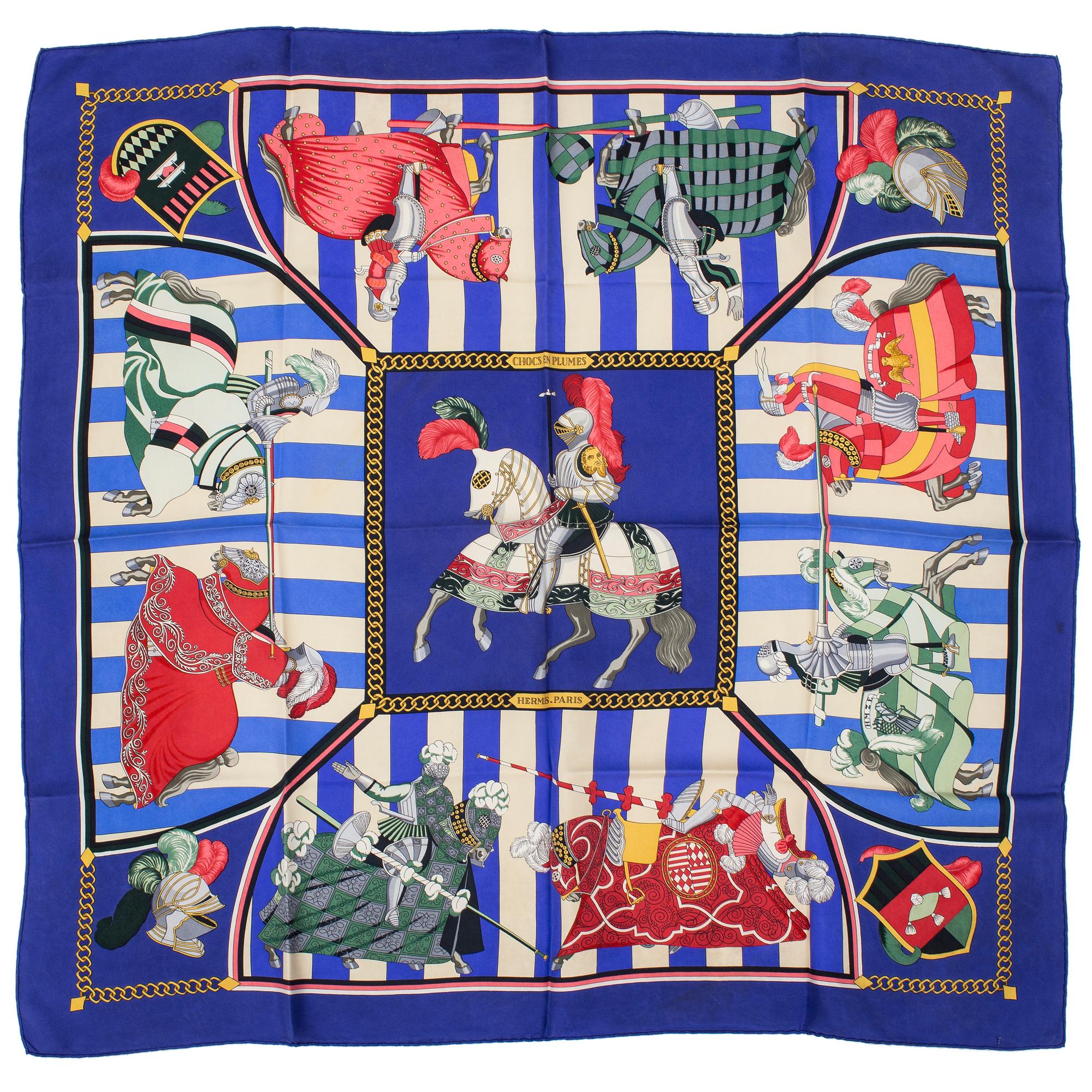 HERMÈS, scarf, "Chocs à Plumes", Christiane Vauzelles, original issue 1993.