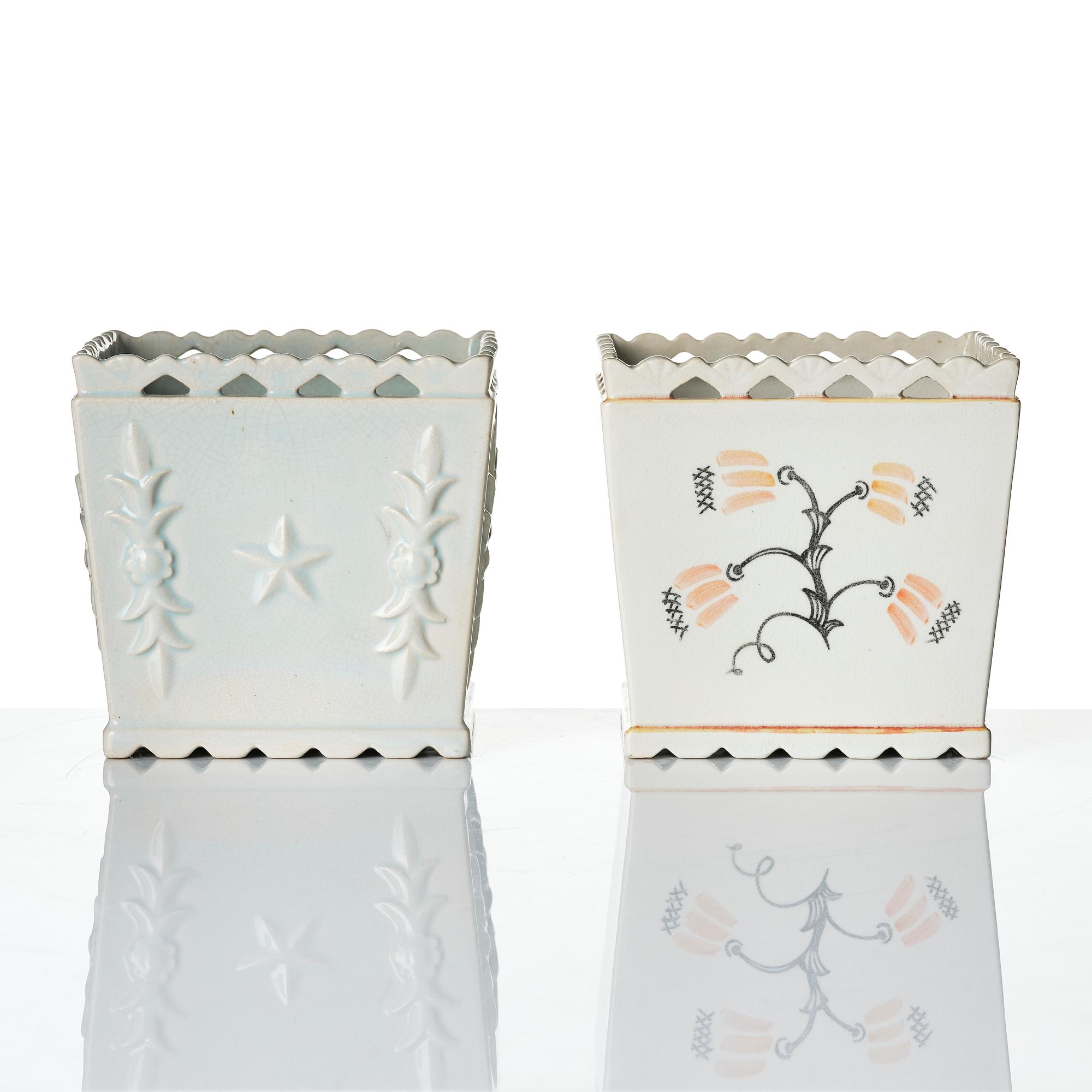Wilhelm Kåge, two creamware flower pots, Gustavsberg 1920s.