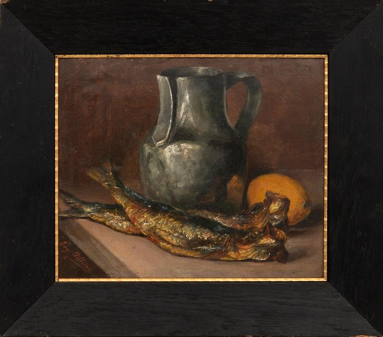 Unknown artist 19th/20th century, Still life with fish and a jug.