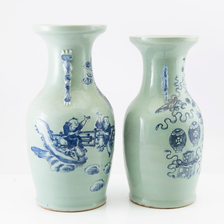 Two underglaze blue and celadon ground vases, late Qing dynasty and 20th century.