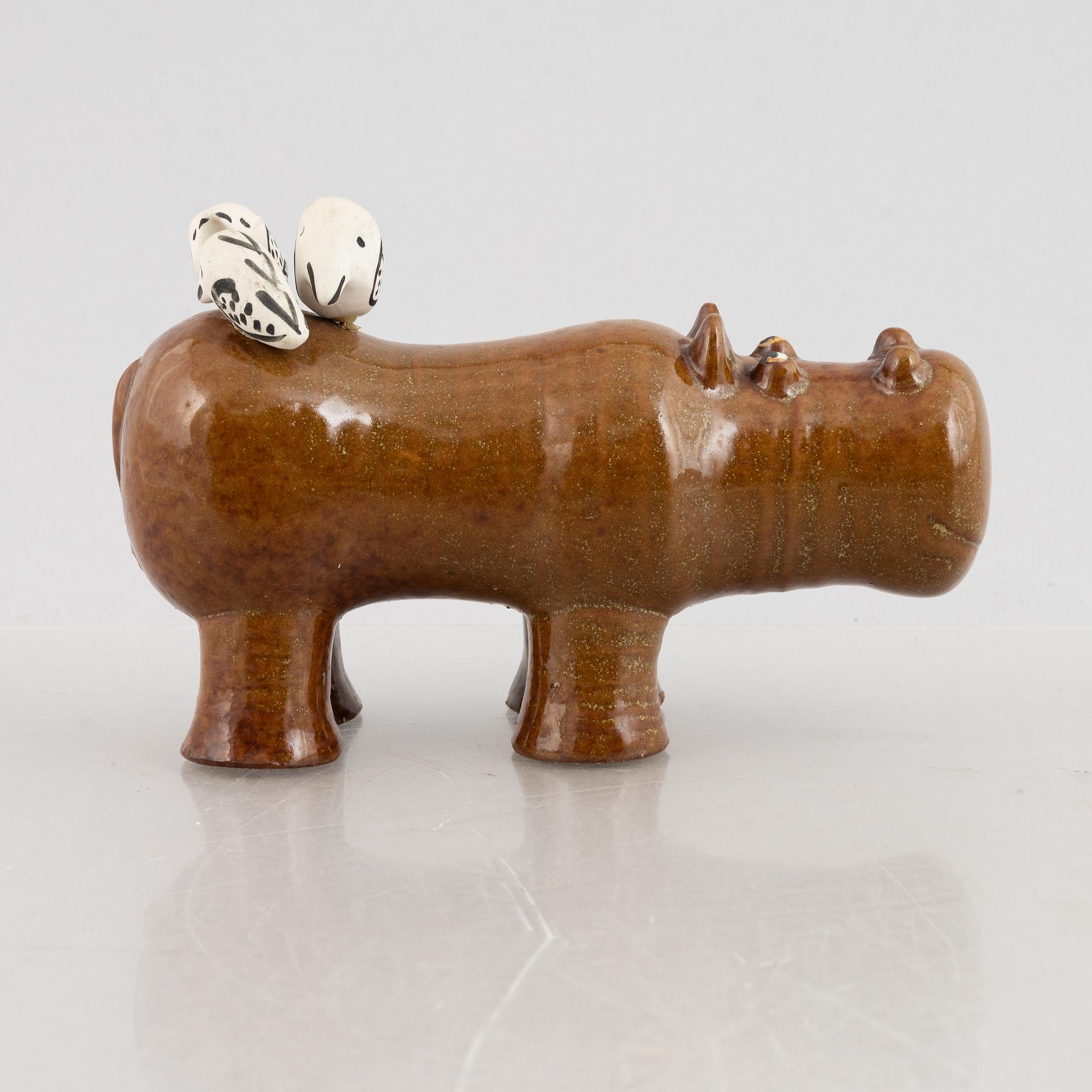 Lisa Larson, a 'Flodhäst med fåglar' (Hippo with Birds) figurine, Gustavsberg, 1966-70.