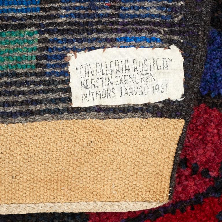 Kerstin Ekengren, matto, "Cavalleria Rustica", knotted pile, ca 320-321,5 x 220-230 cm, signed KE LH, Plitmors Järvsö 1961.