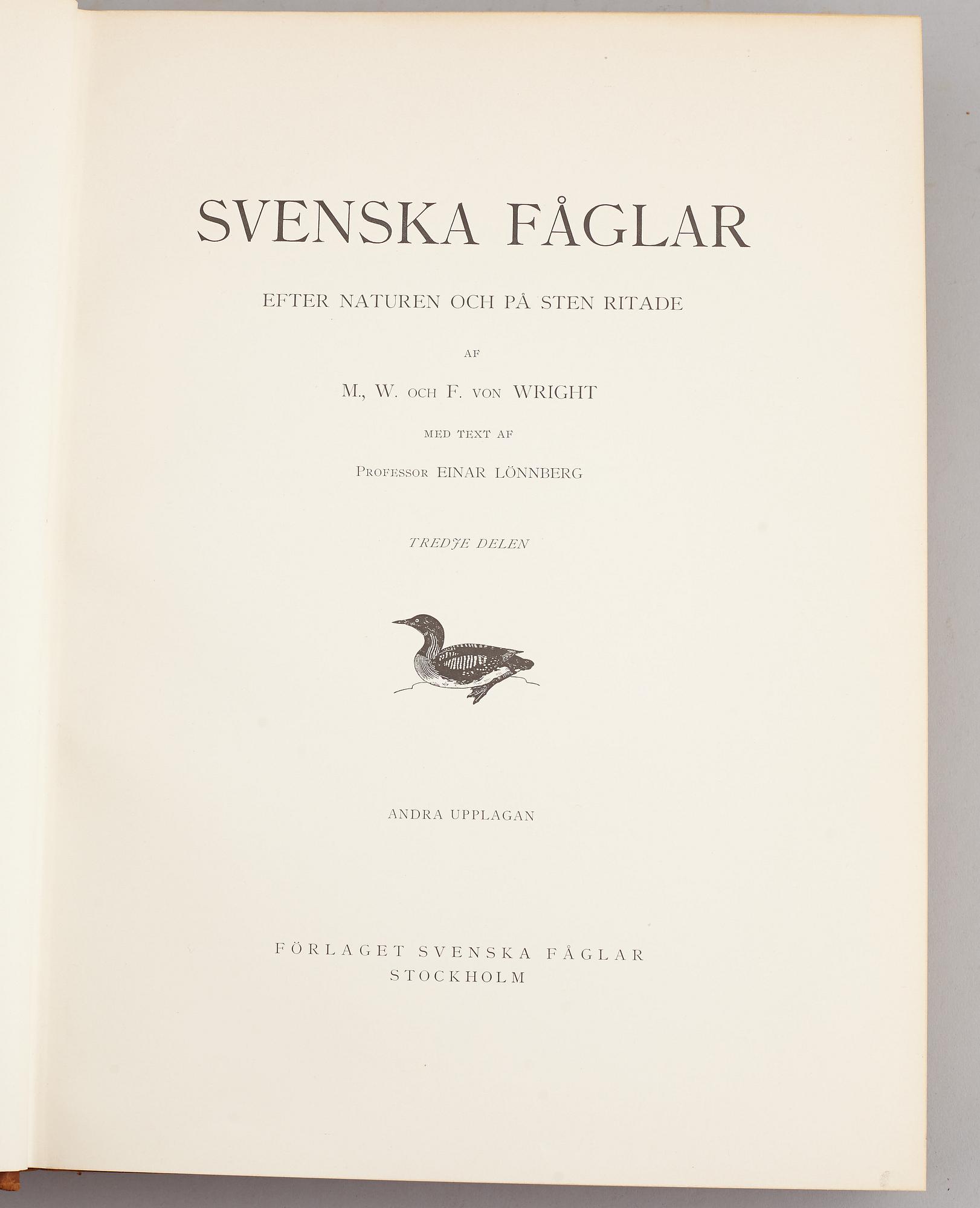 A set of three books about Swedish birds by von Wright. 1927.
