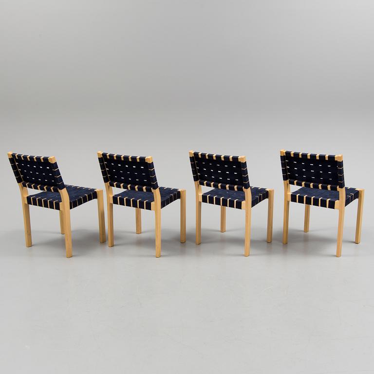 Four of Alvar Aalto birch tree and canvas chairs, model 611 by Artek.
