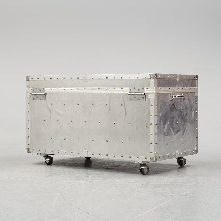 A large metal storage box on wheels, 20th Century.