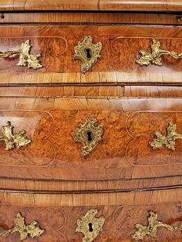 A burr alder parquetry rococo commode, Mälardalen, Sweden, later part 18th century.