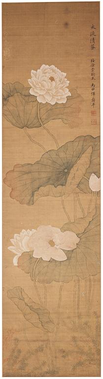 MÅLNING, lotus blommor i Songstil, i Yun Shouping (1633-1690) stil, Qingdynastin (1644-1912).