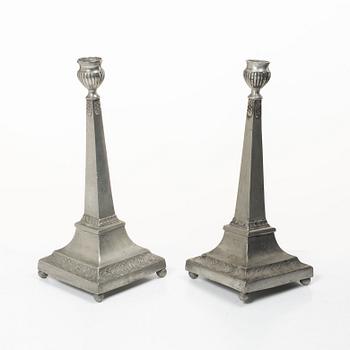 A pair of peuter candlesticks by Petter Höijer, Örebro (1796-1819).