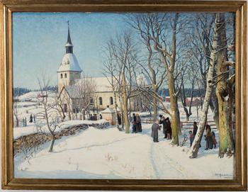 An Otto Hesselbom oil painting depicting Spånga Church.