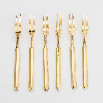 Tillander, six cocktail/ serving forks, enamel and gilded silver (916), Helsinki, 1950-55.