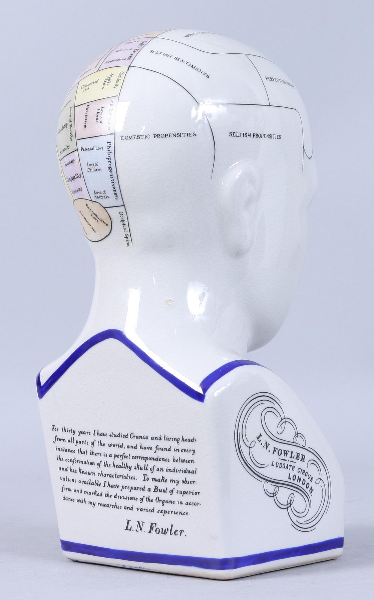 BYST, porslin, märkt "PHRENOLOGY BY L.N. FOWLER", 1900/2000-tal.