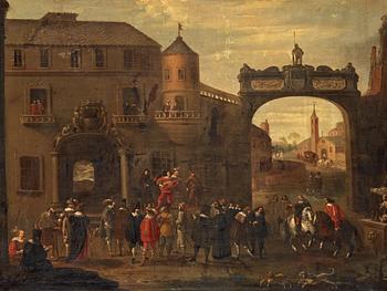 873. Cornelis de Wael Circle of, Figures outside the city gate.