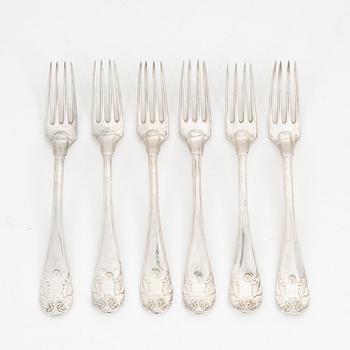 Six swedish silver forks, mark of Gustaf Folcker, Stockholm 1818.