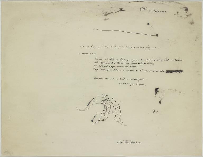 Olav Christopher Jenssen, indian ink on film, signed, dated 14 februari 1991.