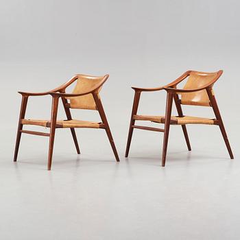 Adolf Relling & Sigurd Resell, a pair of teak and leather "56/2 Bambi-series armchairs, Norway 1950's-60's.